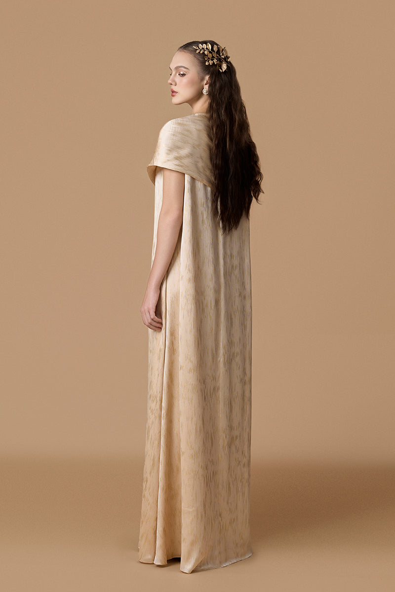 Round Neck Column Gown With Mini Cape In Beige Metallic Striped Chiffon