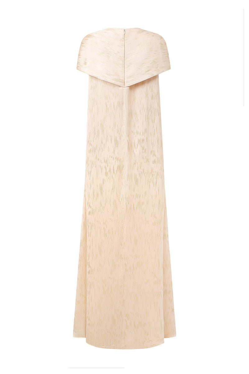 Round Neck Column Gown With Mini Cape In Beige Metallic Striped Chiffon