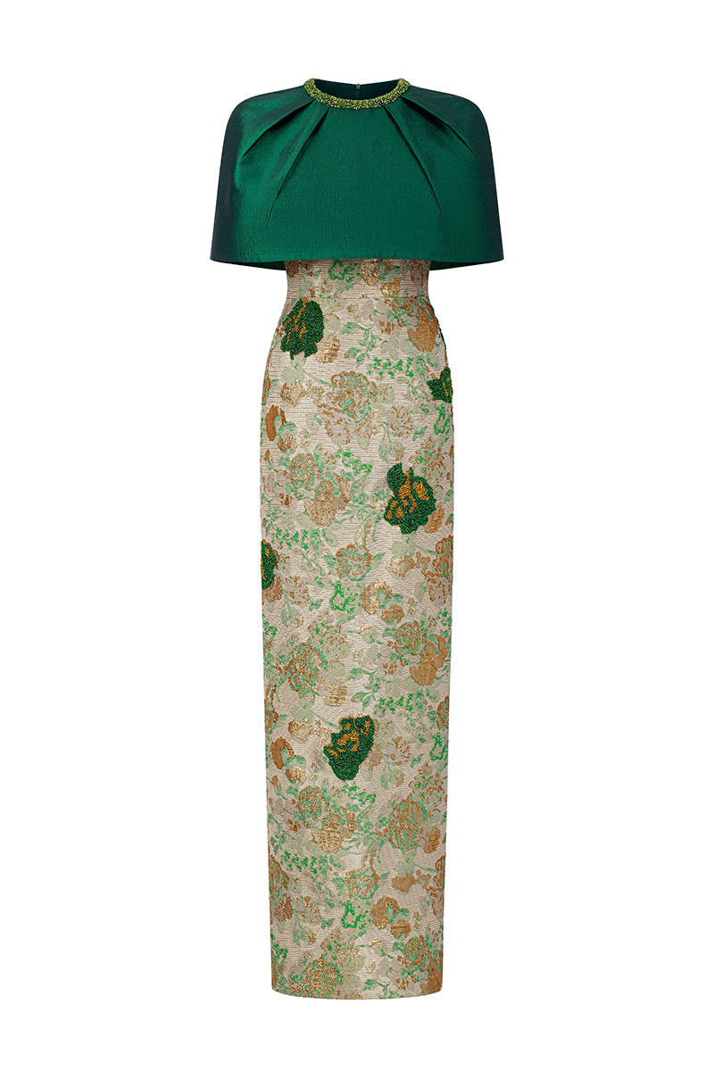 Round Neck Column Gown With Mini Cape In Dark Purple Floral Metallic Jacquard & Taffeta