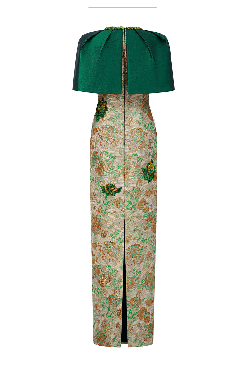 Round Neck Column Gown With Mini Cape In Green Floral Metallic Jacquard & Taffeta