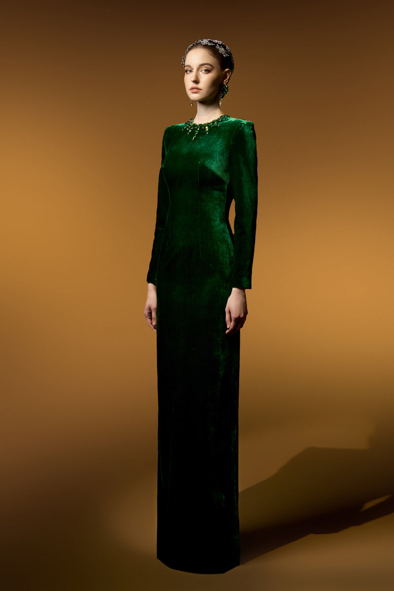 Round Neck Column Velvet Gown With Long Sleeves