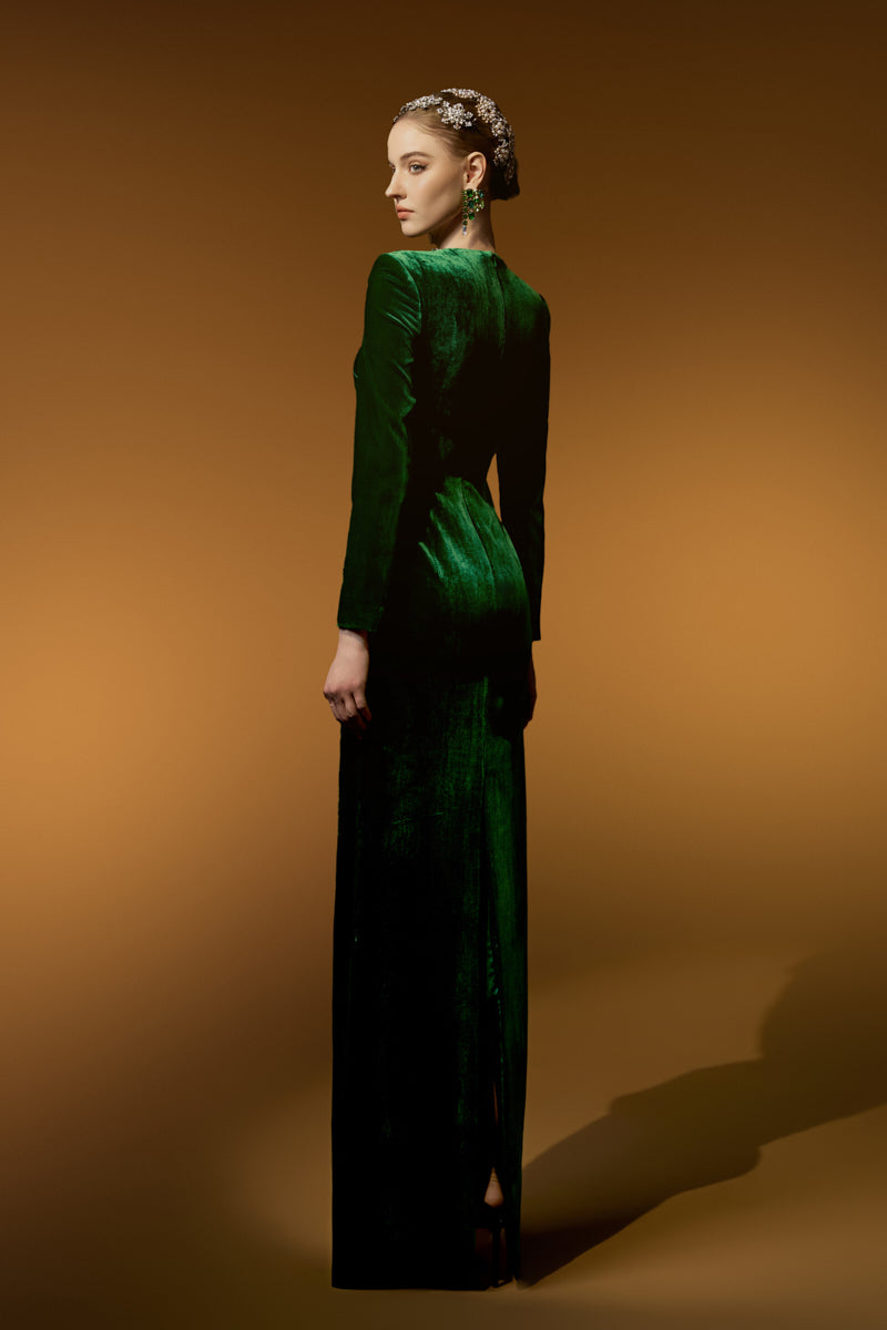 Round Neck Column Velvet Gown With Long Sleeves
