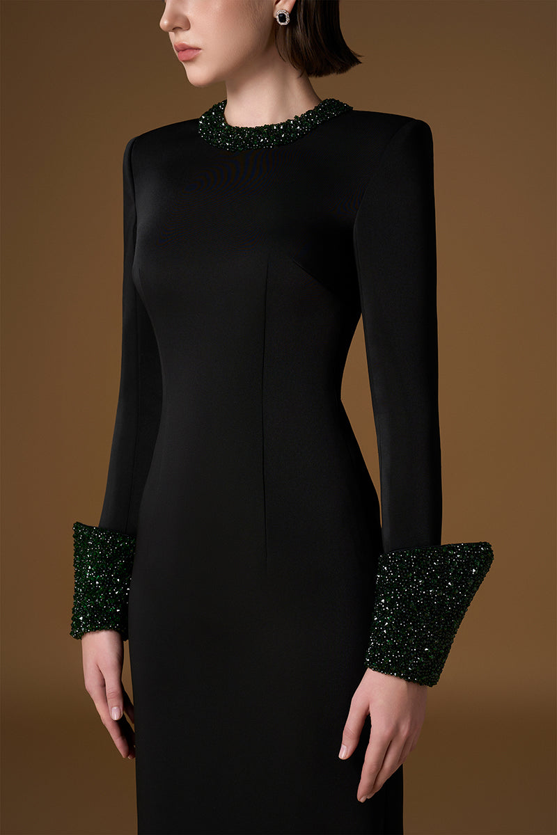 Round Neck Coulmn Gown With Turn-Up Cuff In Black Crepe And Satin Silk