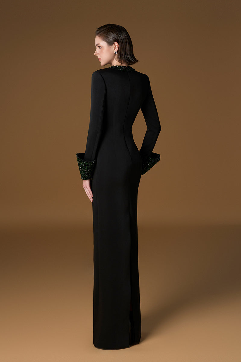 Round Neck Coulmn Gown With Turn-Up Cuff In Black Crepe And Satin Silk