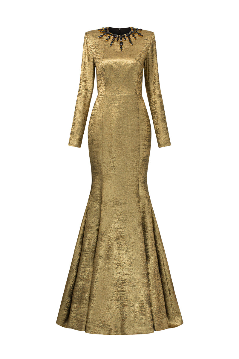 Turtleneck Collar Mermaid Gown With Puff Sleeves