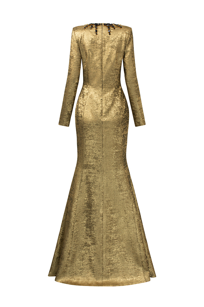 Turtleneck Collar Mermaid Gown With Puff Sleeves