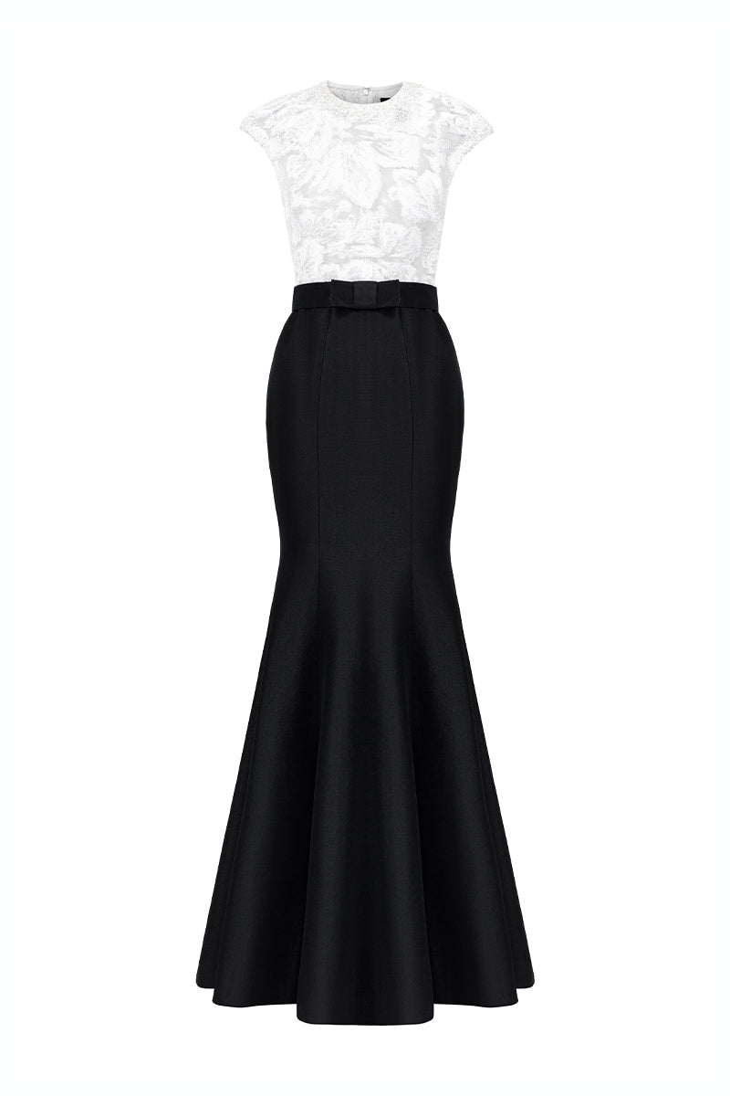 Round Neck Mermaid Gown With Sleeveless In White Sequin Lace And Black Taffeta