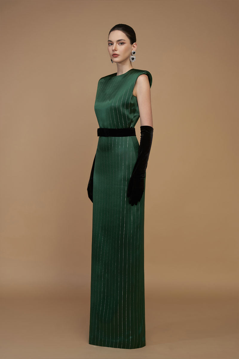 Round Neck Power Shoulder Stripped Column Gown In Green