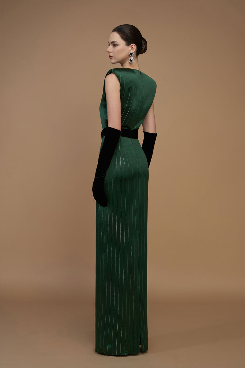 Round Neck Power Shoulder Stripped Column Gown In Green