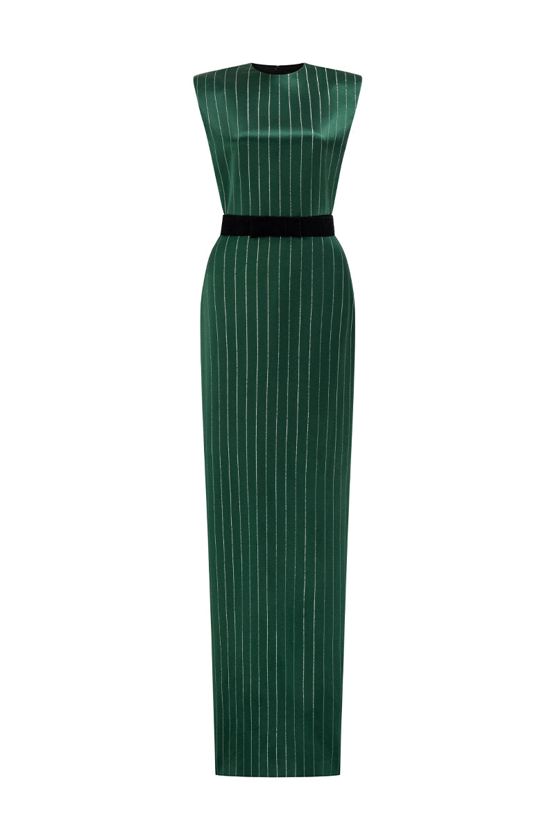 Round Neck Power Shoulder Stripped Column Gown In Green