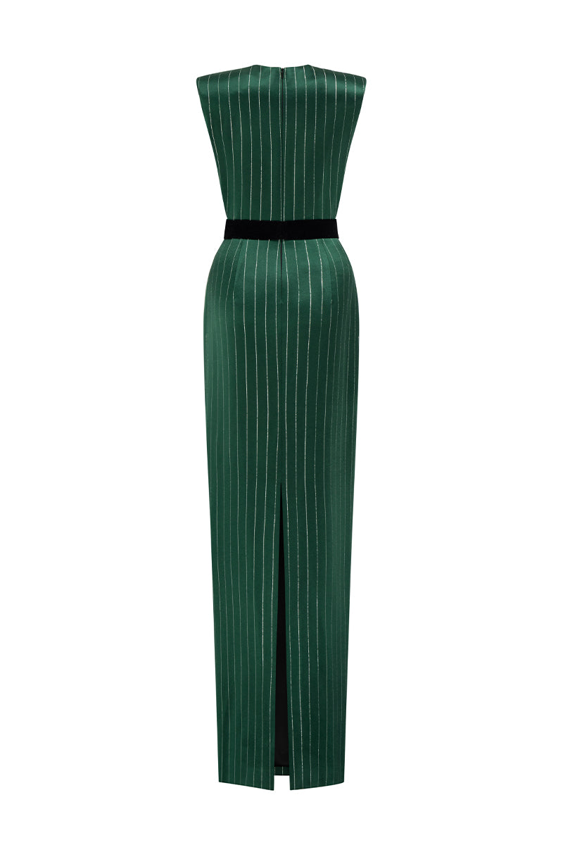 Round Neck Power Shoulder Stripped Column Gown In Green