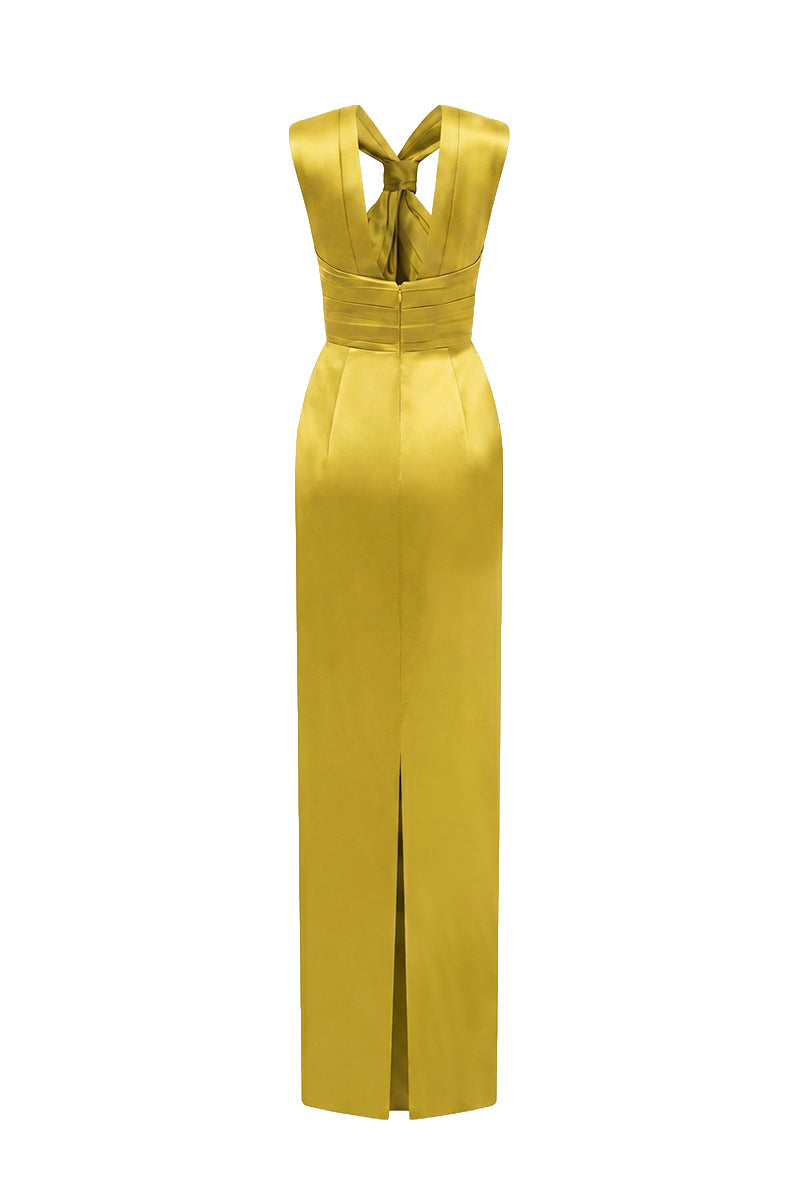 Gold Satin Silk Dress With A Ruched Neckline And Tie
