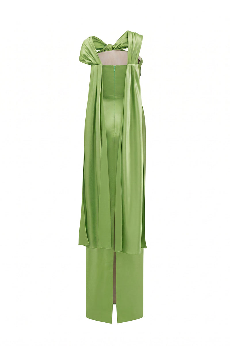 Green Satin Silk Dress With Twisted Cross And Pleated Drape