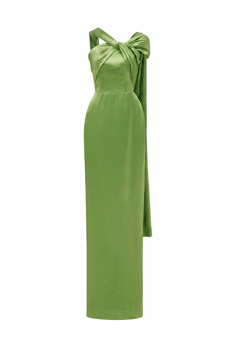 Green Satin Silk Dress With Twisted Cross And Pleated Drape