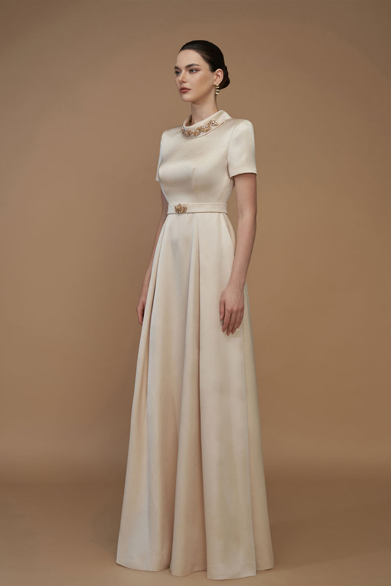 Short Sleeves A-Line Gown With De-Constructed Collar