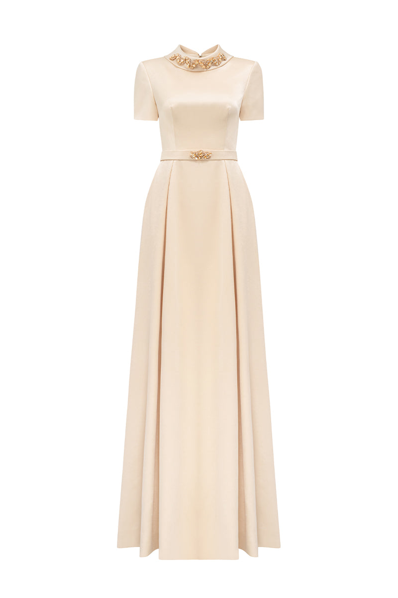 Short Sleeves A-Line Gown With De-Constructed Collar