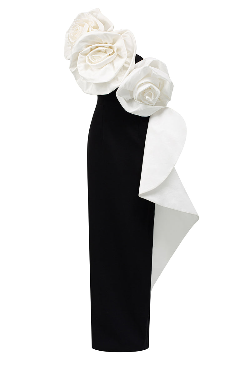 Sleeveless One Shoulder Column Gown With Draped Roses Across Neckline