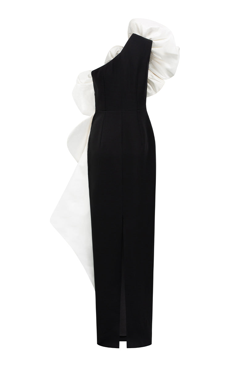 Sleeveless One Shoulder Column Gown With Draped Roses Across Neckline