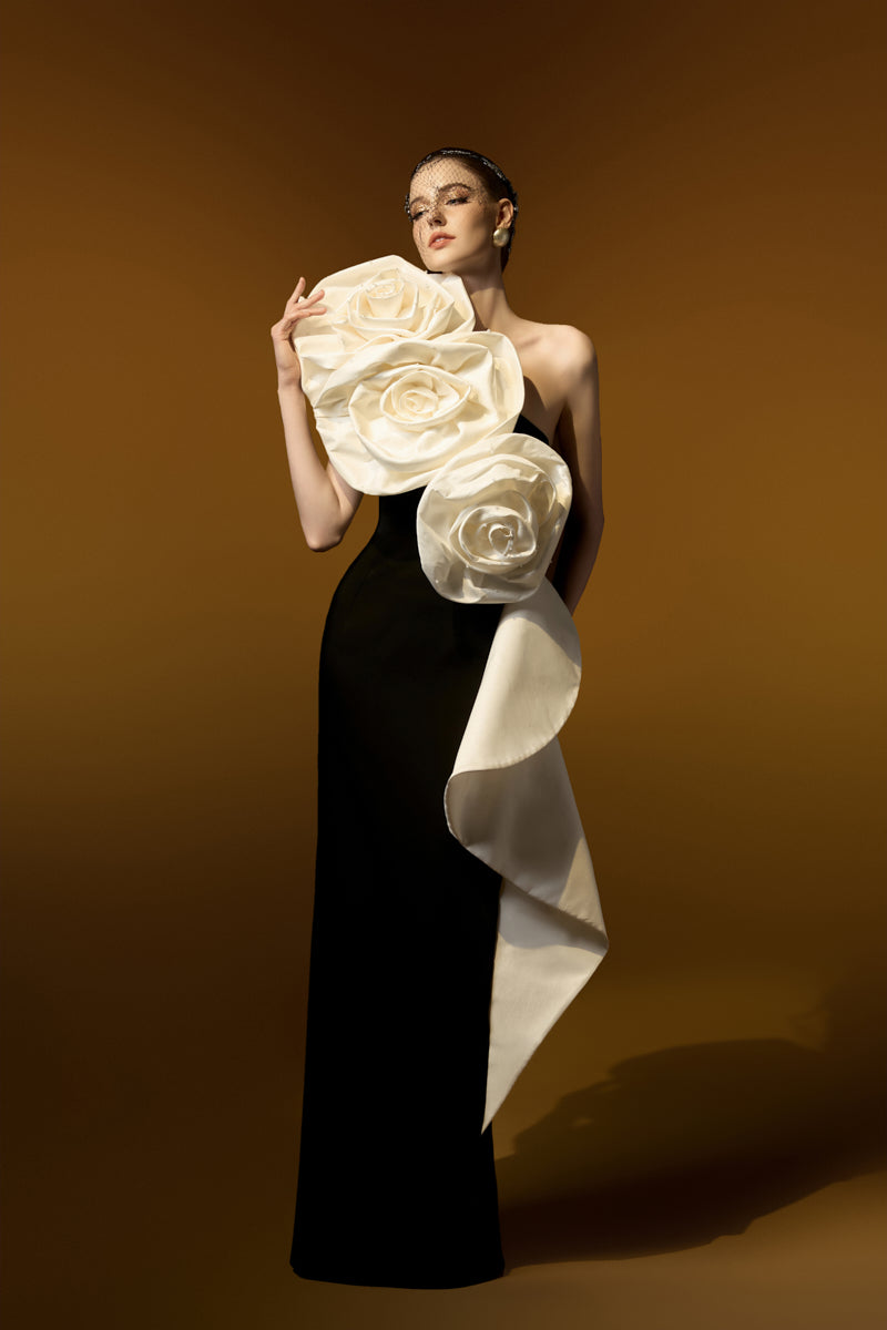 Sleeveless One Shoulder Column Gown With Draped Roses Across Neckline