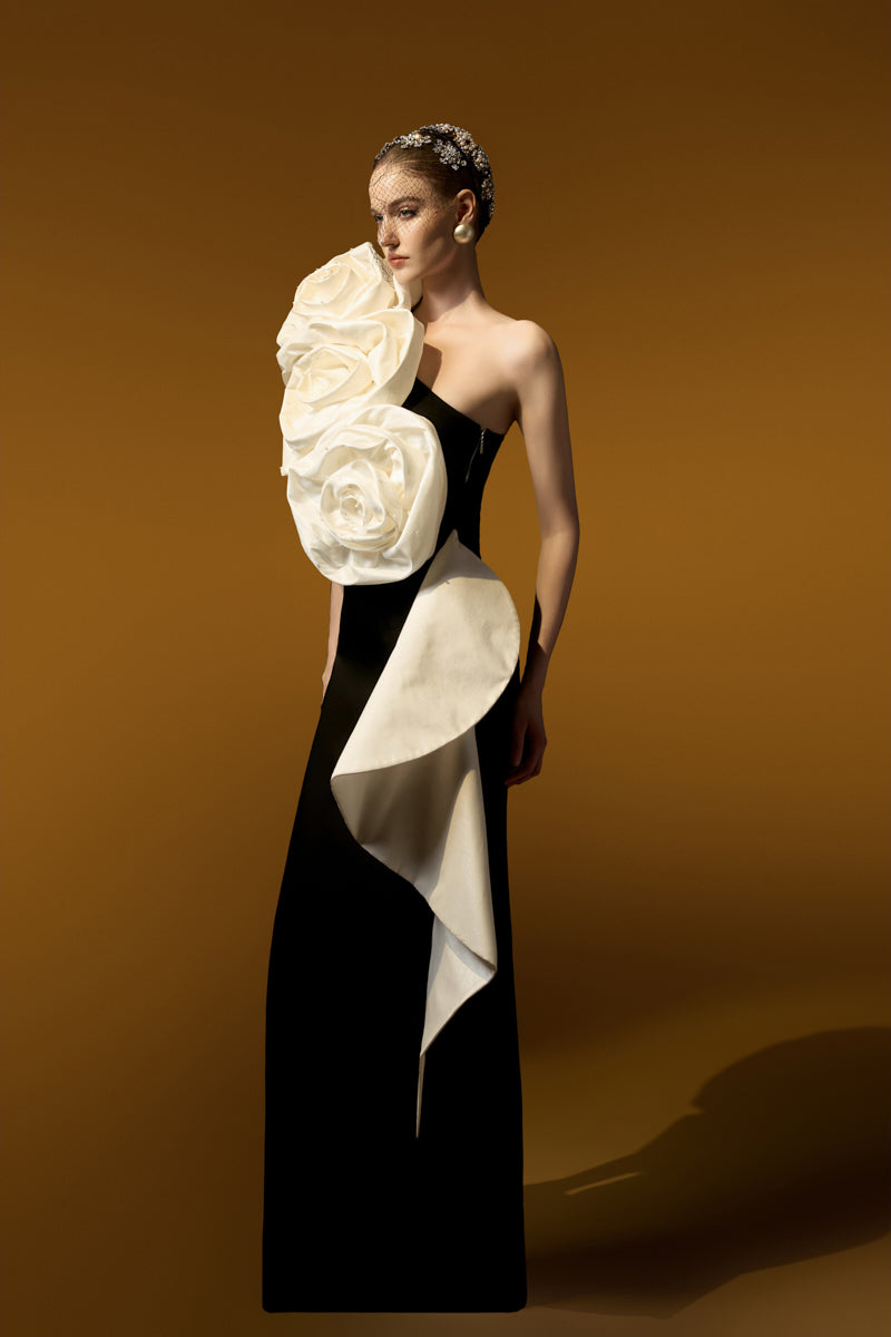 Sleeveless One Shoulder Column Gown With Draped Roses Across Neckline