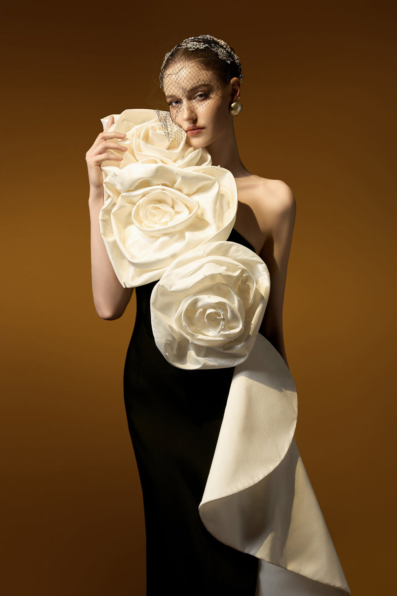 Sleeveless One Shoulder Column Gown With Draped Roses Across Neckline