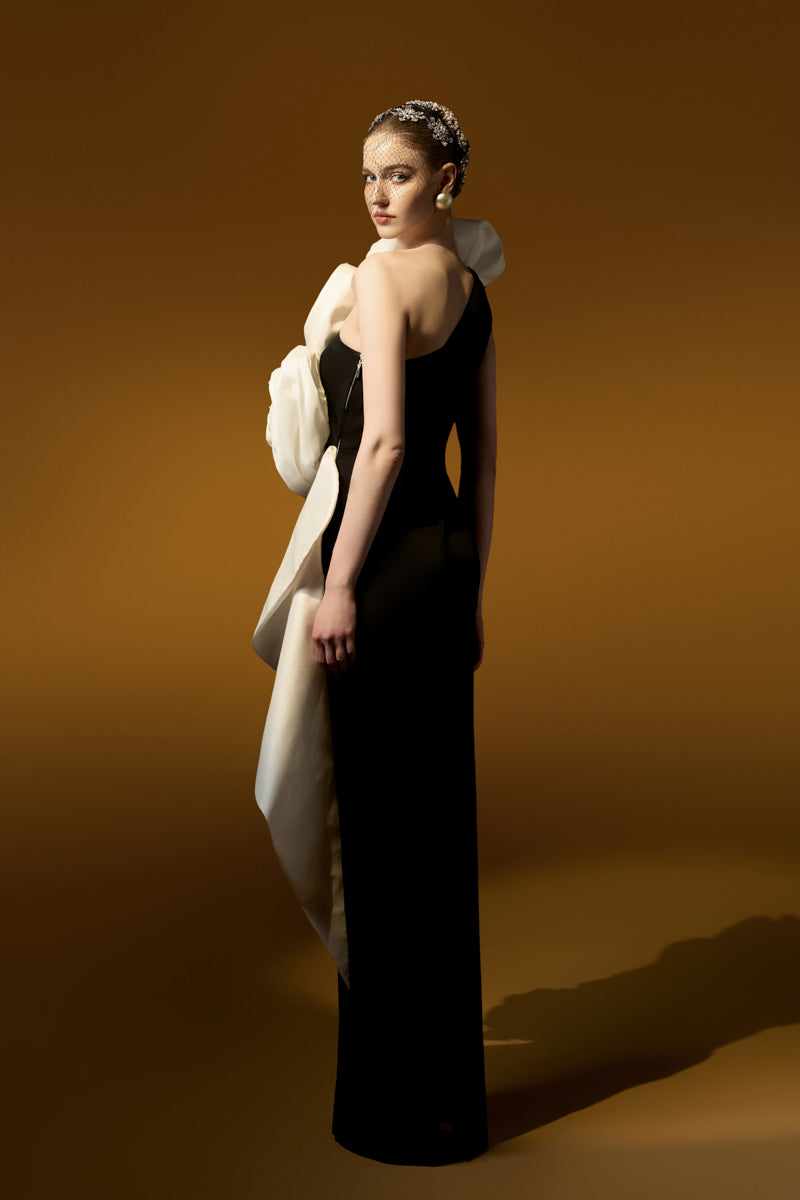 Sleeveless One Shoulder Column Gown With Draped Roses Across Neckline