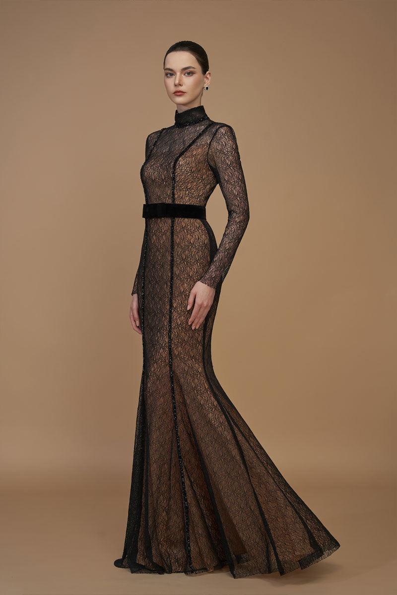 Stand Collar Mermaid Gown With Long Sleeve In Black Lace