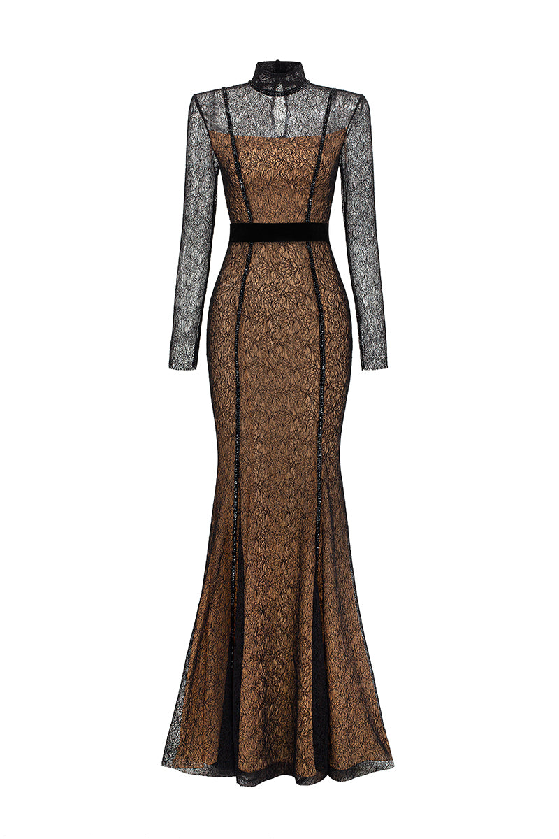 Stand Collar Mermaid Gown With Long Sleeve In Black Lace