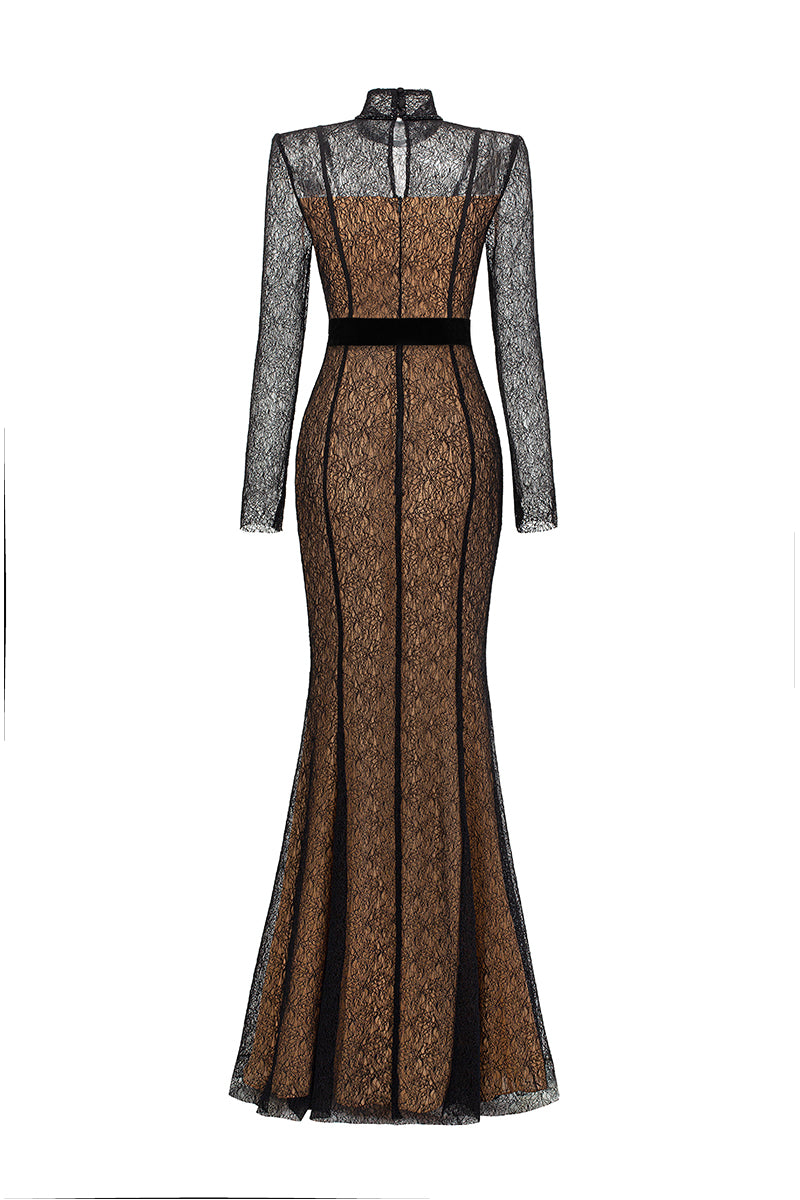 Stand Collar Mermaid Gown With Long Sleeve In Black Lace