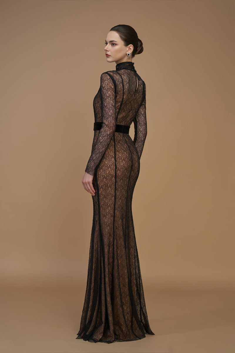 Stand Collar Mermaid Gown With Long Sleeve In Black Lace