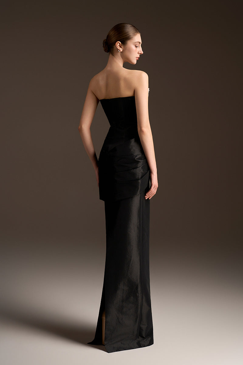Strap-Draped Sweetheart Dress In White & Black Stretch Taffeta