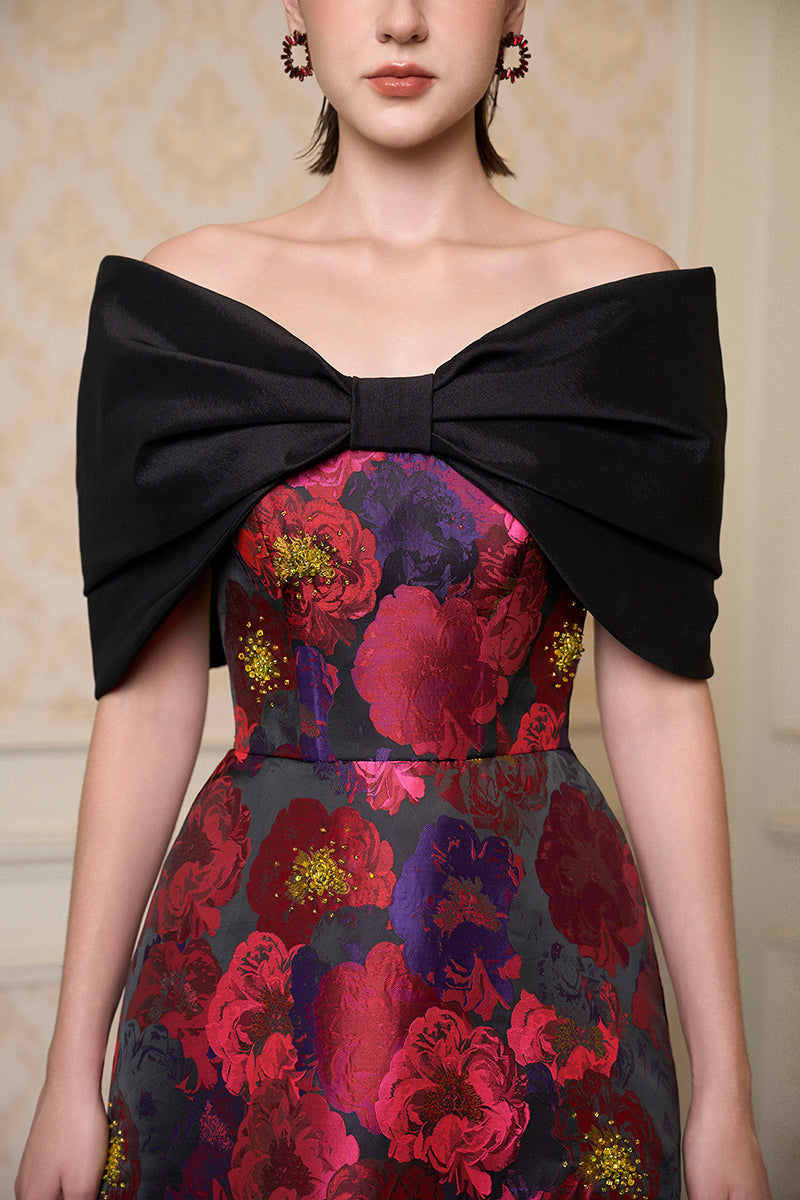 Strapless A-line Gown With Bust Bow In Black Taffeta & Pink Floral Jacquard