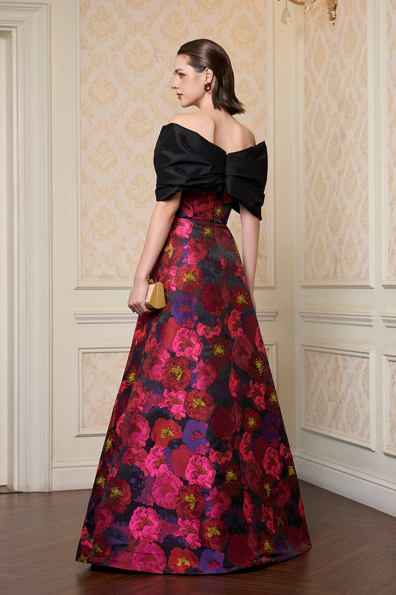 Strapless A-line Gown With Bust Bow In Black Taffeta & Pink Floral Jacquard