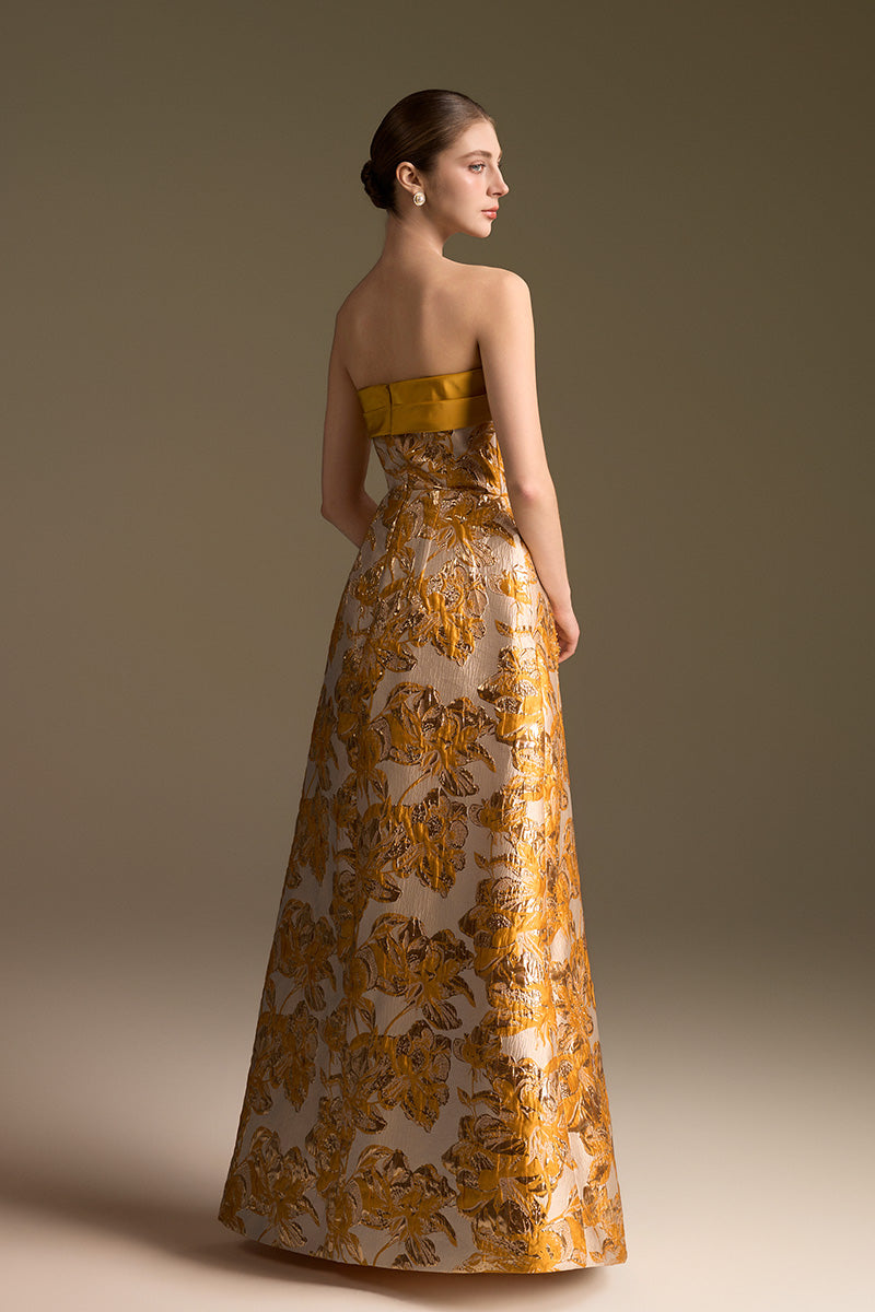 Strapless Ballgown With Draped Bow Detail In Agate Silk And Yellow Jacquard