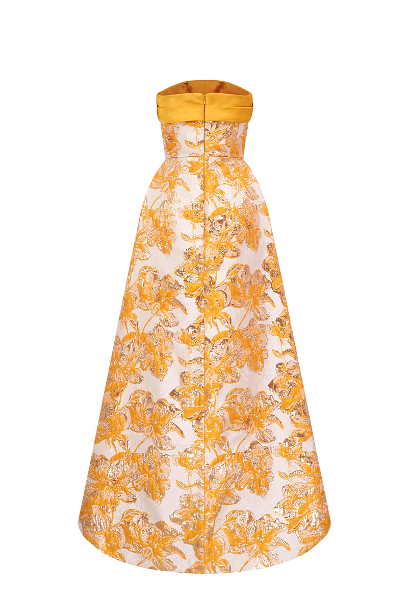 Strapless Ballgown With Draped Bow Detail In Agate Silk And Yellow Jacquard