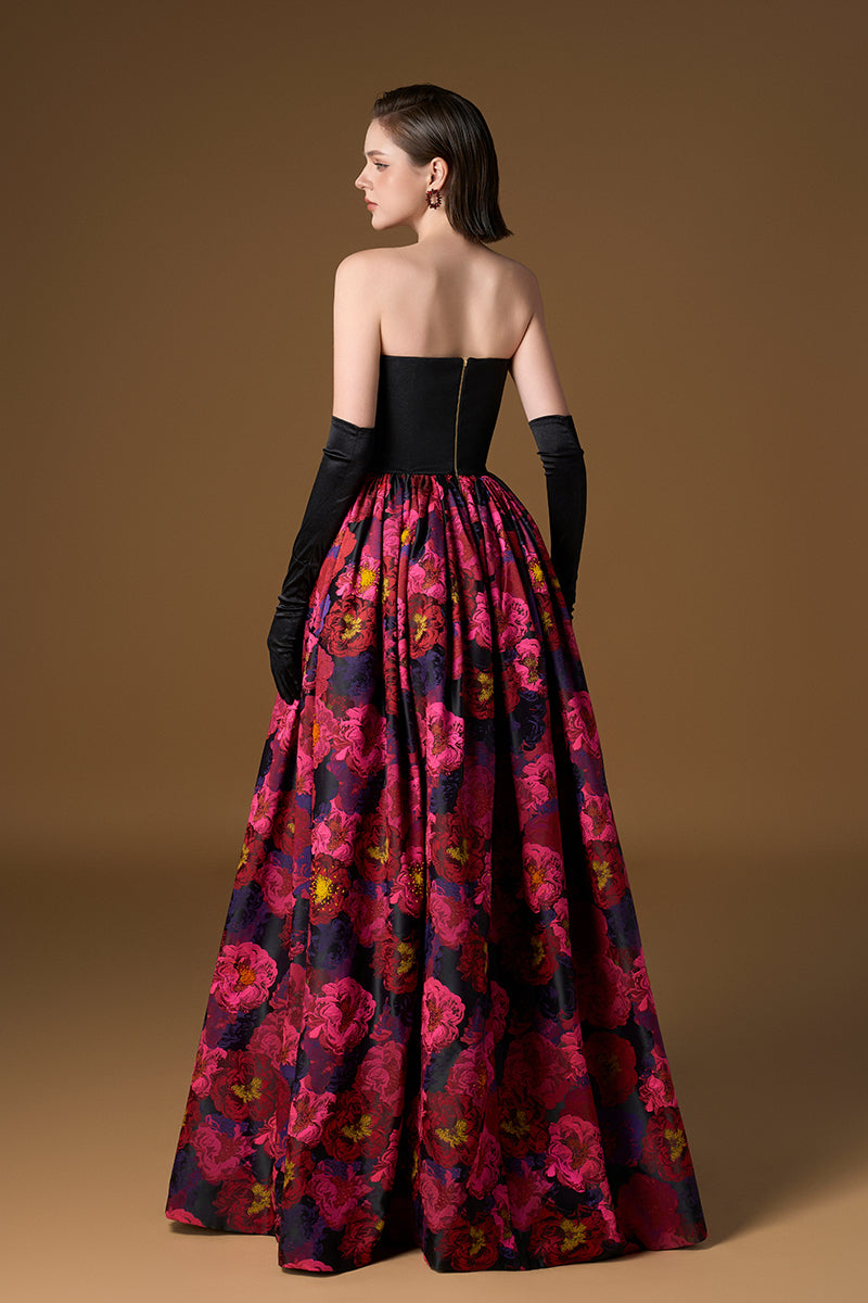 Strapless Bustier Ball Gown With Draped Details In Black Taffeta And Pink Floral Jacquard