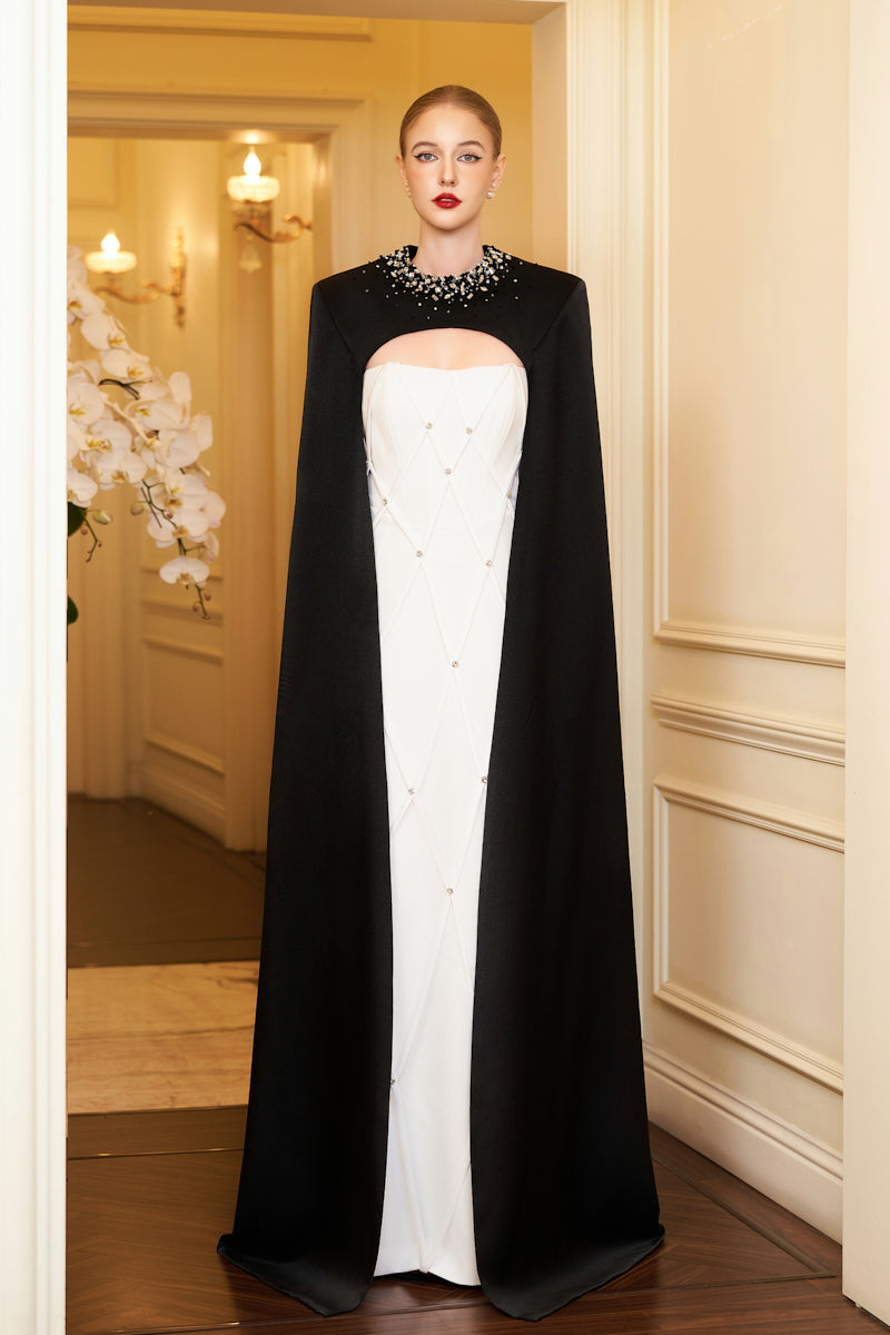 Strapless Bustier Column Evening Gown With Crossed Straps Detail And Outer Long Cape
