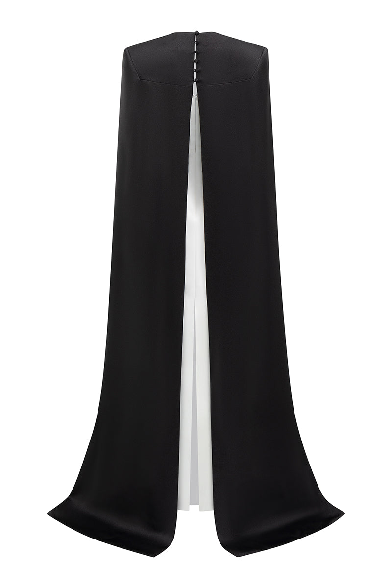 Strapless Bustier Column Evening Gown With Crossed Straps Detail And Outer Long Cape