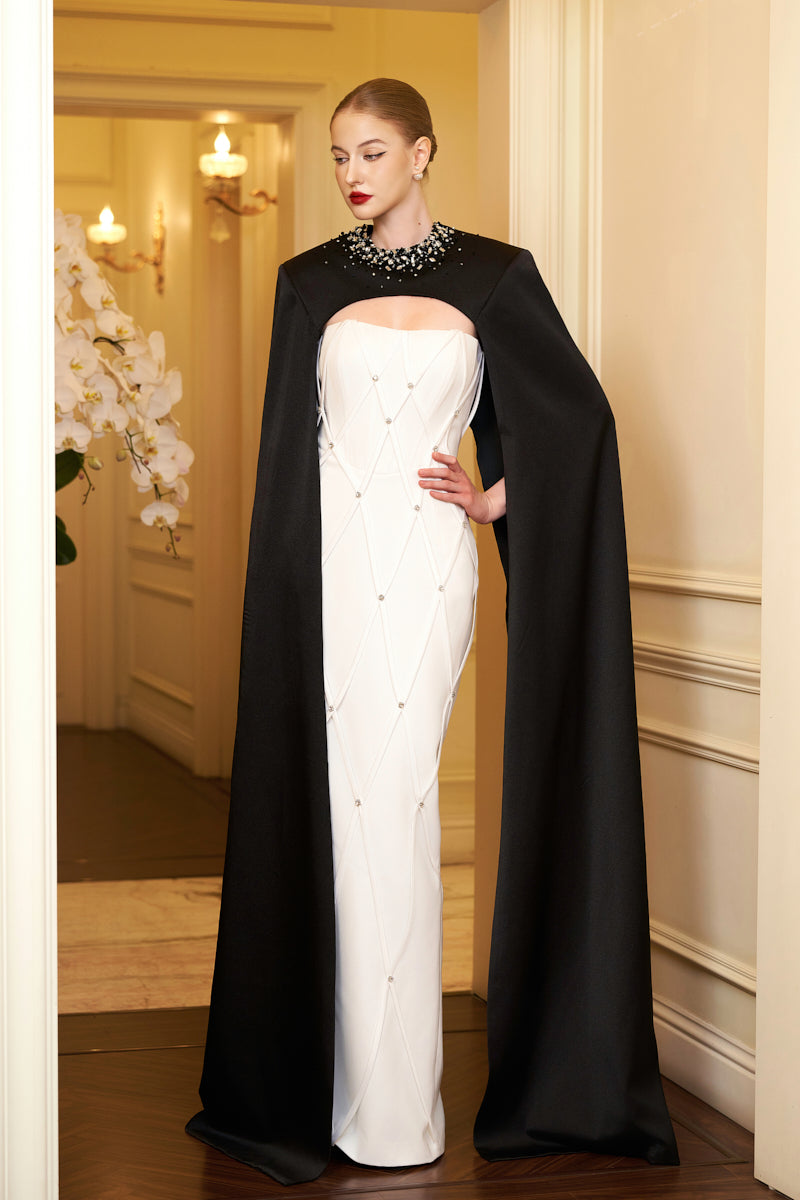 Strapless Bustier Column Evening Gown With Crossed Straps Detail And Outer Long Cape