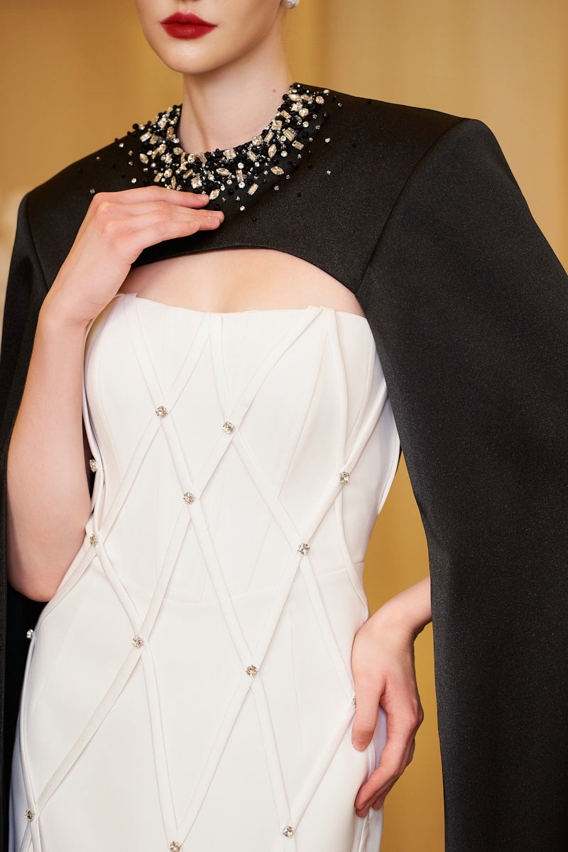 Strapless Bustier Column Evening Gown With Crossed Straps Detail And Outer Long Cape