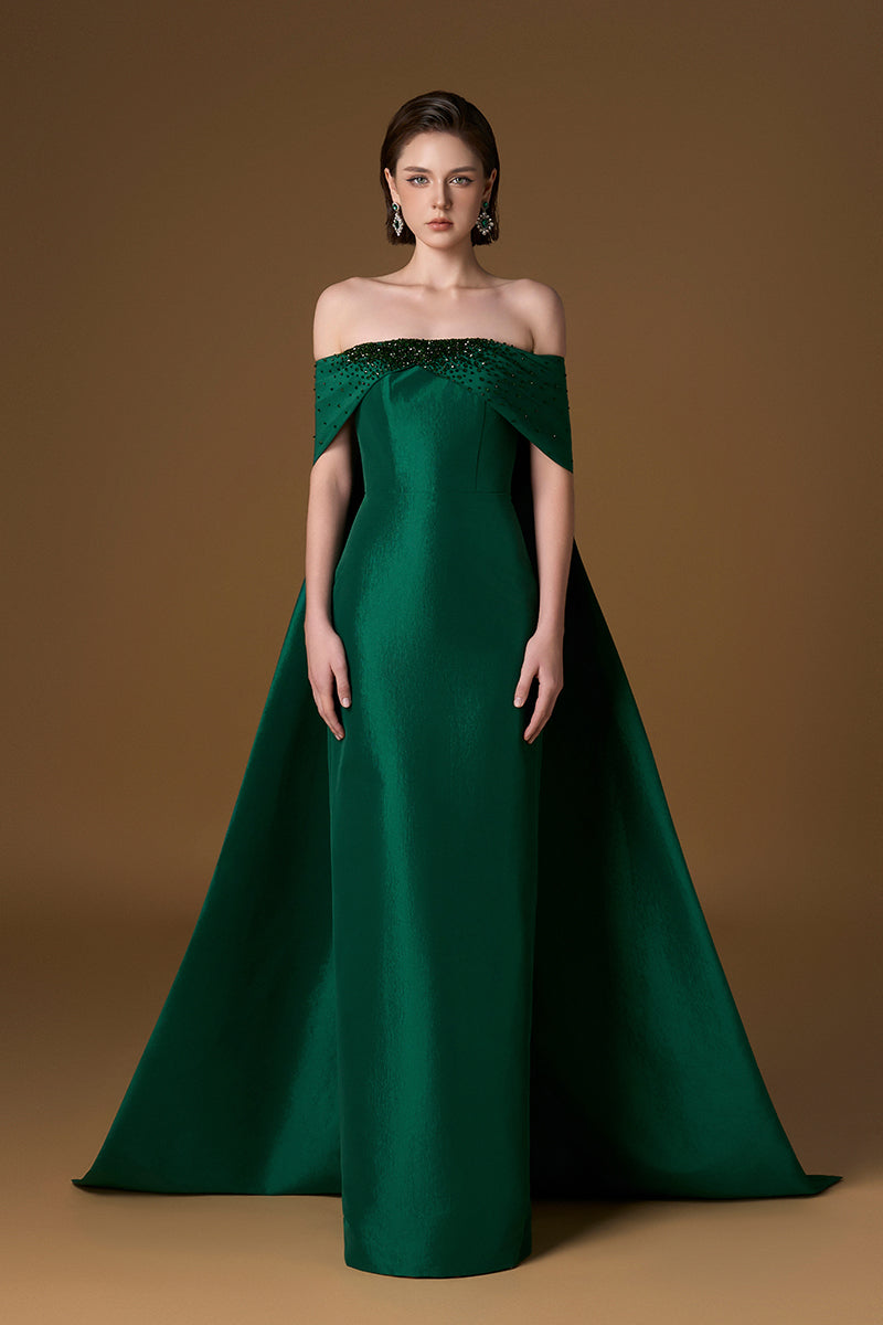 Strapless Bustier Column Gown With Draped Off-Shoulder Details In Green Taffeta