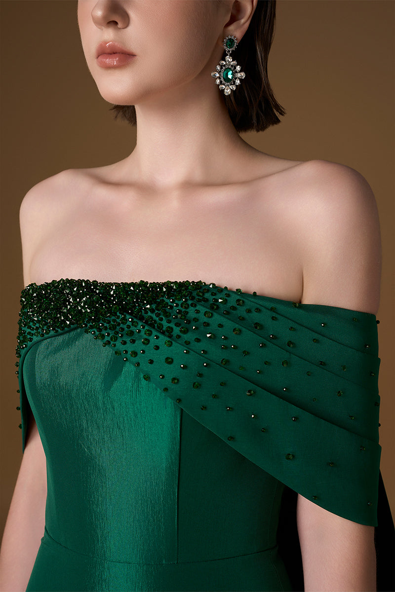 Strapless Bustier Column Gown With Draped Off-Shoulder Details In Green Taffeta