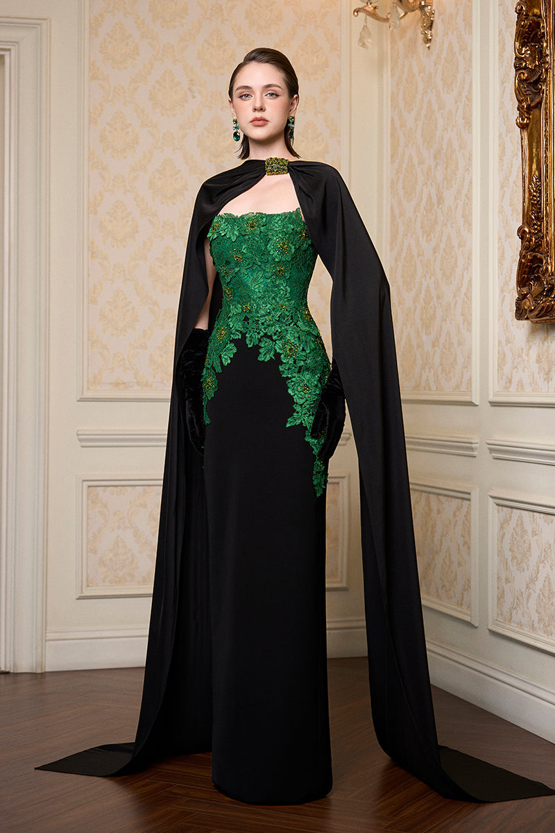 Strapless Column Gown With Long Cape In Dark Green French Lace & Black Crepe
