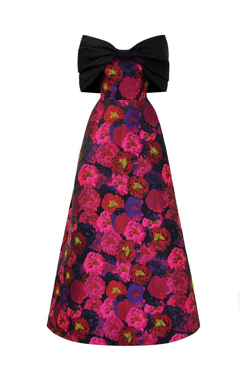 Strapless A-line Gown With Bust Bow In Black Taffeta & Dark Green Floral Jacquard