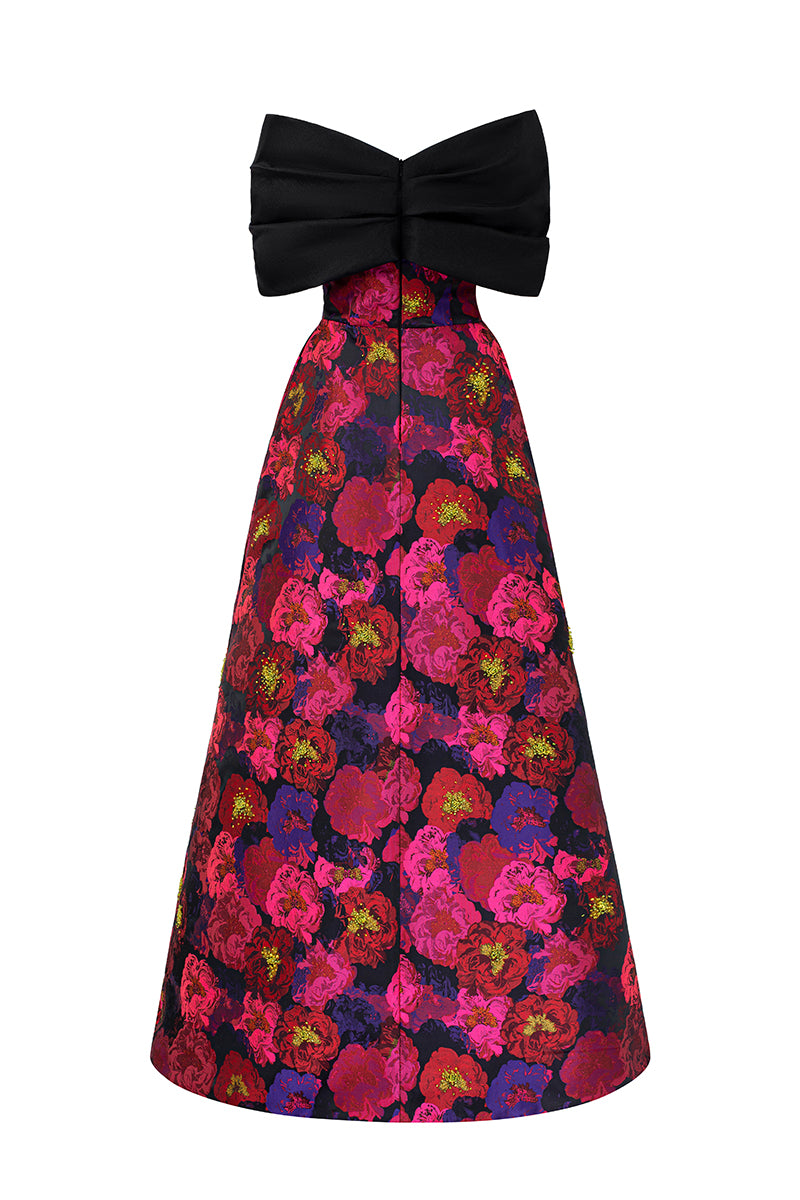 Strapless A-line Gown With Bust Bow In Black Taffeta & Dark Green Floral Jacquard