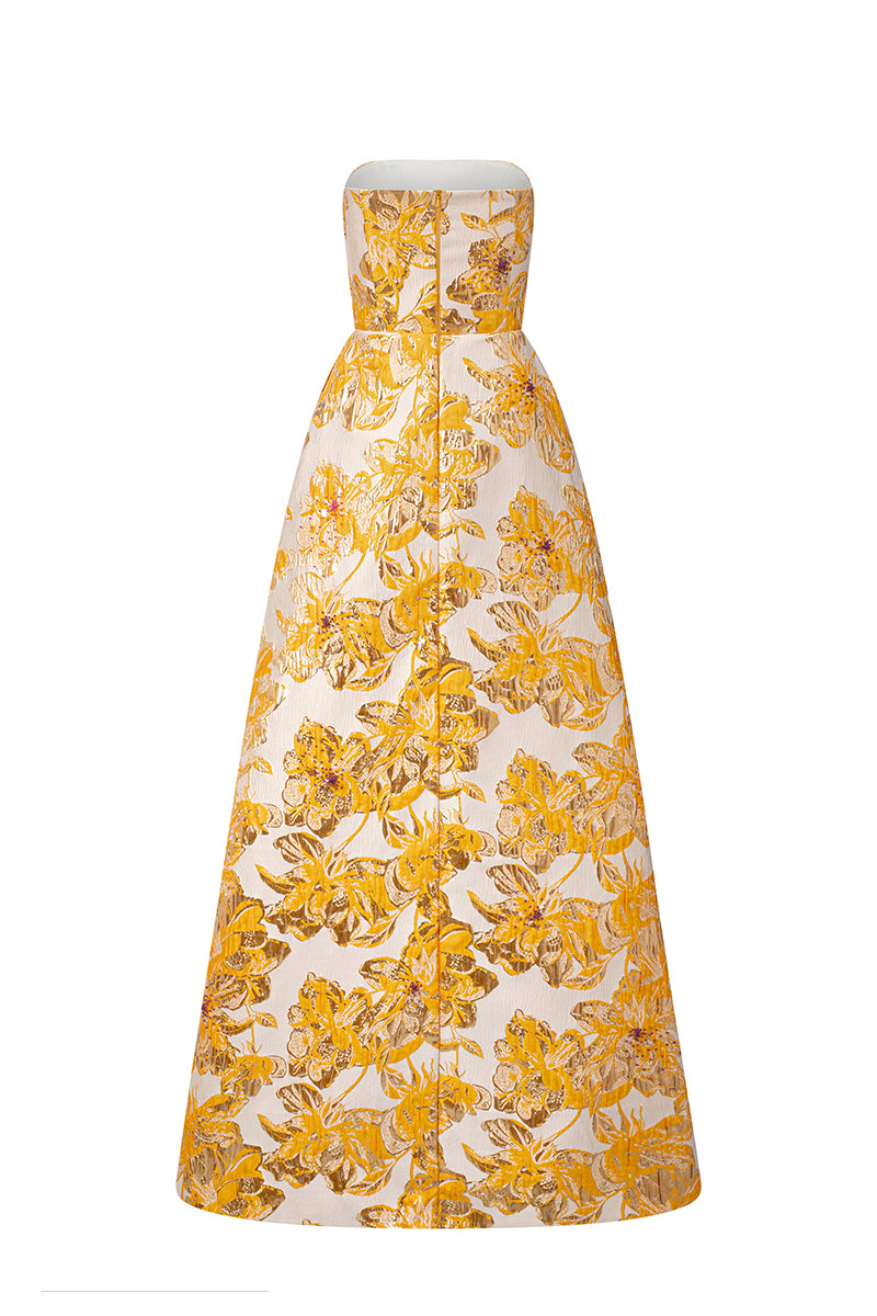 Strapless A-line Gown With Draped Details In Yellow Jacquard