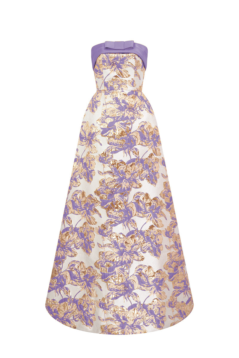 Strapless Ballgown With Draped Bow Detail In Agate Silk And Light Purple Jacquard