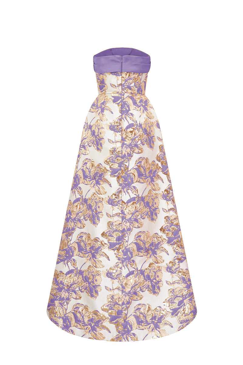 Strapless Ballgown With Draped Bow Detail In Agate Silk And Light Purple Jacquard