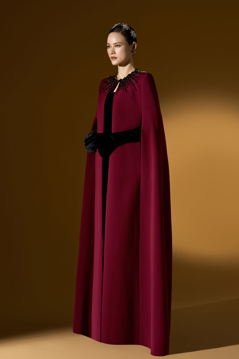 Strapless Burstier Column Gown With Long Cape