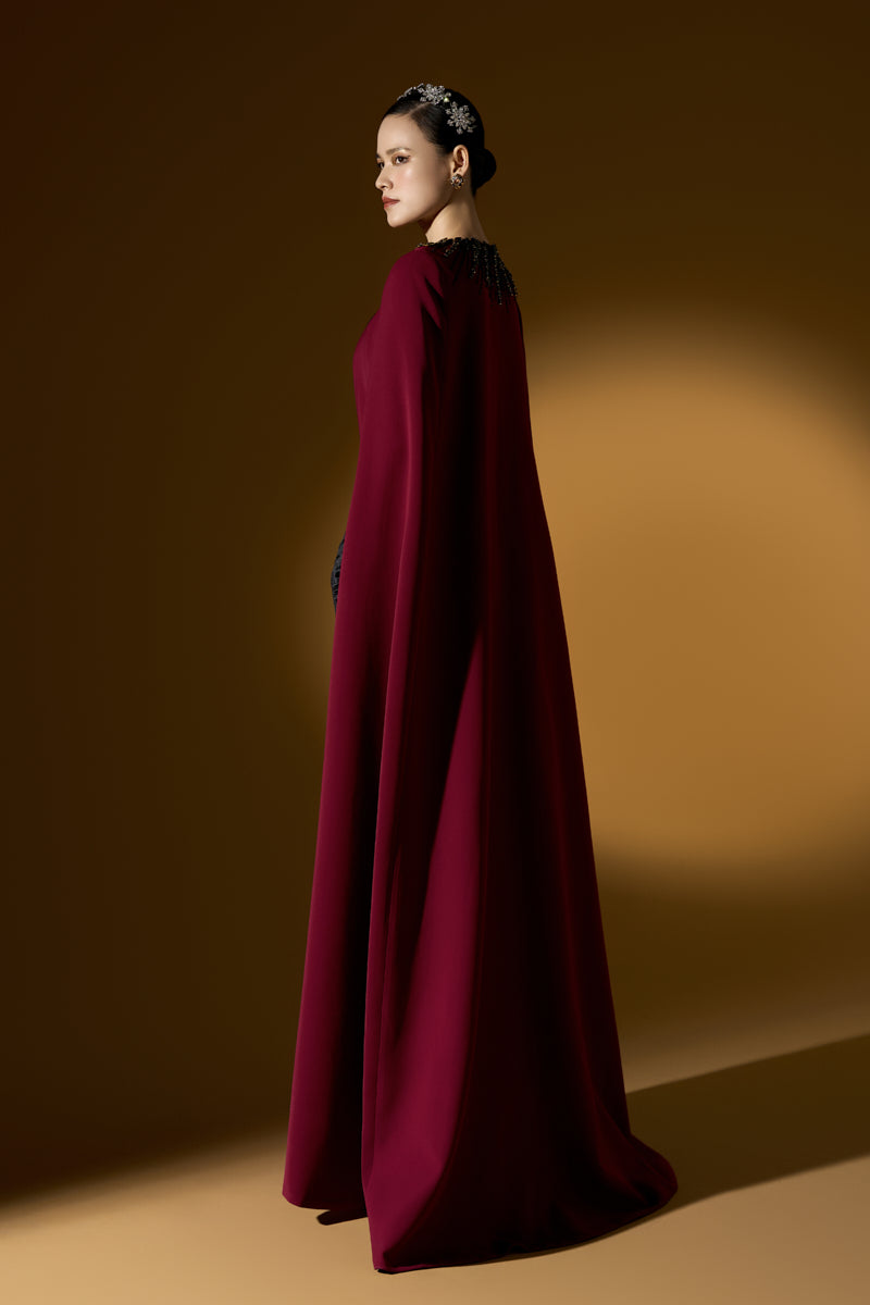 Strapless Burstier Column Gown With Long Cape